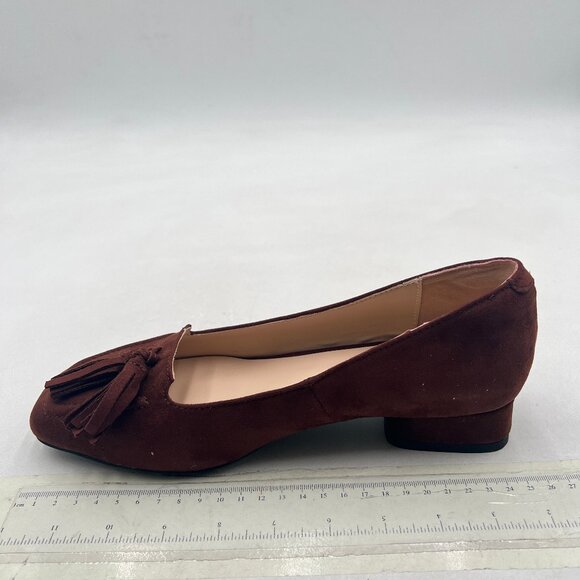 YDN Brown Block Low Heel Loafer Square Toe Tassel Fringe Pump Slip On Dress Shoe - Picture 2 of 8